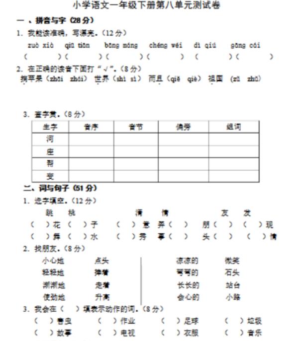 人教版一年級(jí)下冊(cè)語文第八單元測(cè)試卷文檔資源百度網(wǎng)盤免費(fèi)下載
