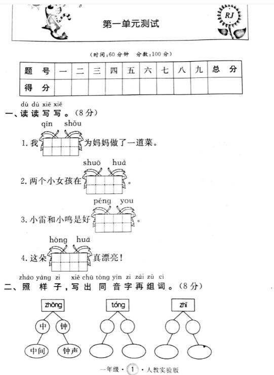 人教實(shí)驗(yàn)版一年級(jí)語(yǔ)文下冊(cè)第一單元測(cè)試卷pdf資源免費(fèi)下載