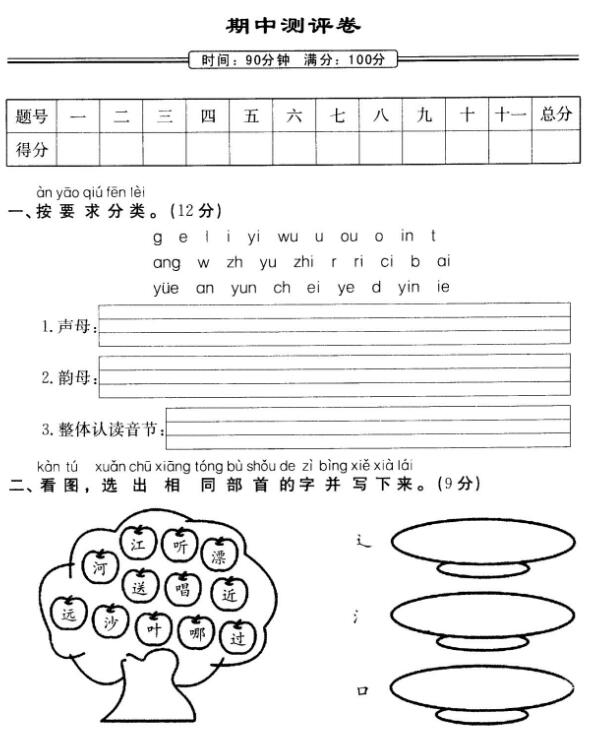 人教部編版一年級上冊語文期中測評卷及答案pdf資源免費(fèi)下載