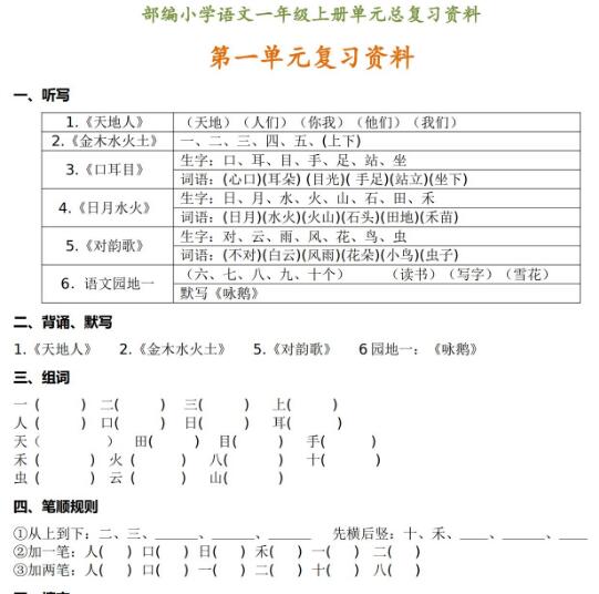 部編版語文一年級語文上冊單元總復(fù)習(xí)資料百度網(wǎng)盤資源免費(fèi)下載