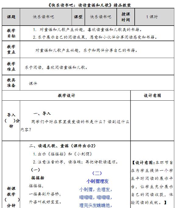 部編版一年級(jí)下冊(cè)快樂(lè)讀書(shū)吧：讀讀童謠和兒歌教案資源免費(fèi)下載